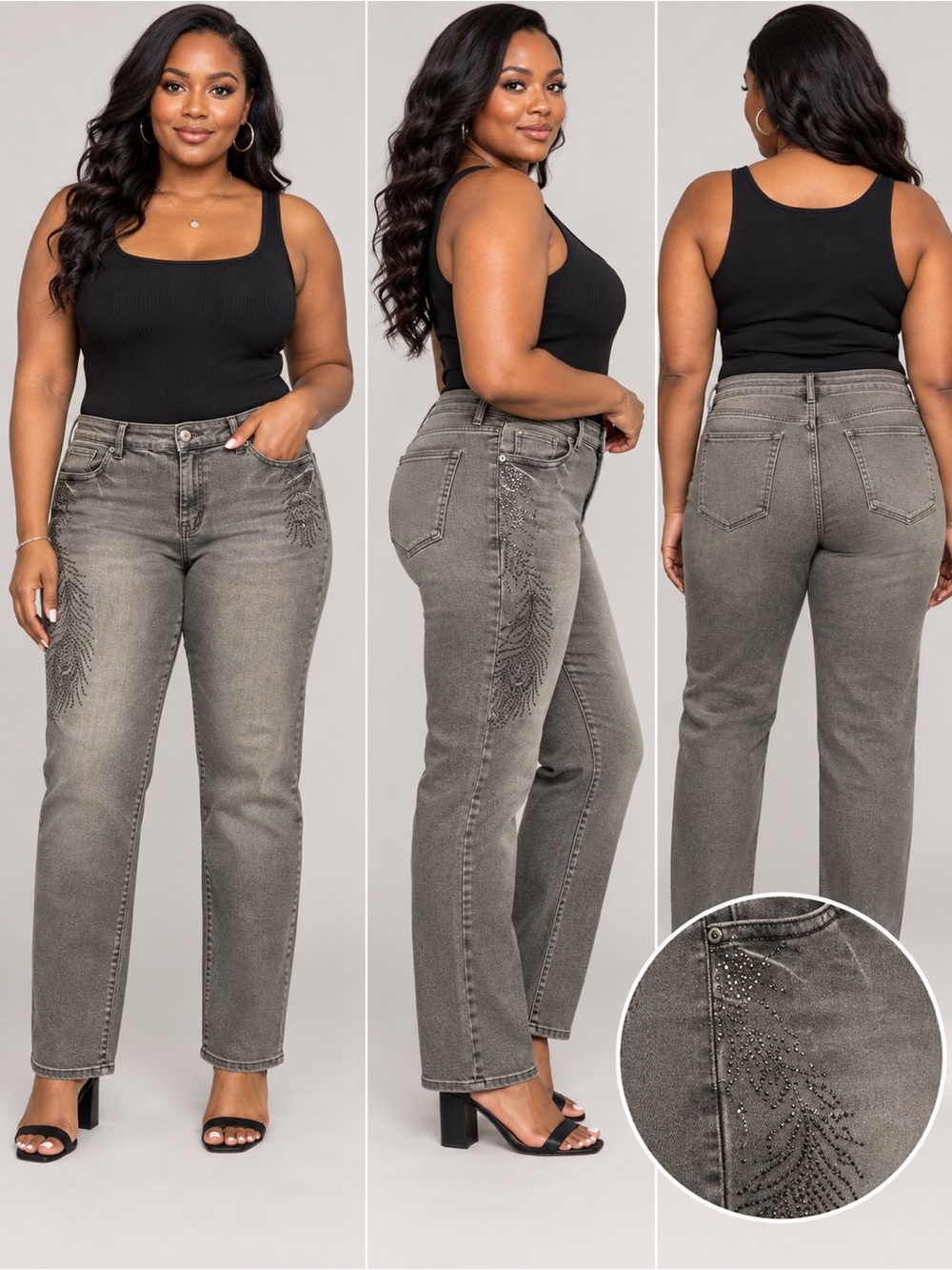 Cache Women's Straight-Leg Jeans in Gray with Subtle Stud Detail